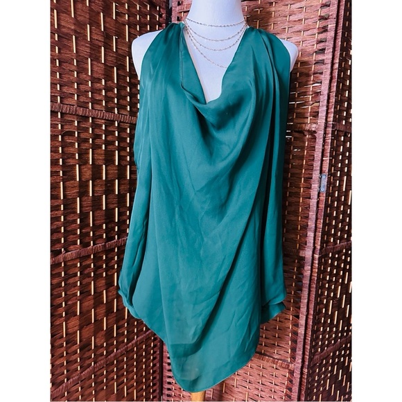 Haute Hippie Emerald Green Silk Cold Shoulder Blouse Med Cowl Neck - Picture 2 of 7